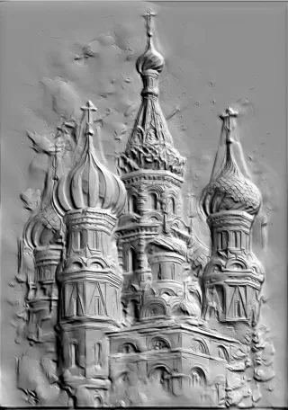3D модель барельефа Собора Василия Блаженного в монохромном стиле, с высокой детализацией архитектуры.
