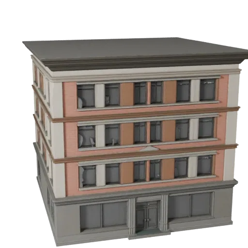 Стилизованная 3D модель фасада офиса, изометрический вид стилизованной игровой среды, показывающий материалы фасада здания и