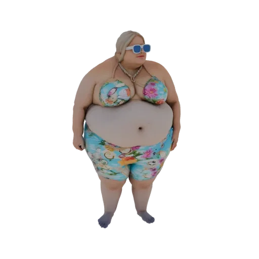 3D модель женщины плюс-сайз в цветочном бикини, стоящей и смотрящей в сторону.