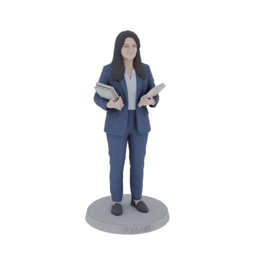 3D модель бизнесвумен в синем костюме с книгами, стоящая на круглой подставке с надписью 'УЧИТЕЛЬ'.