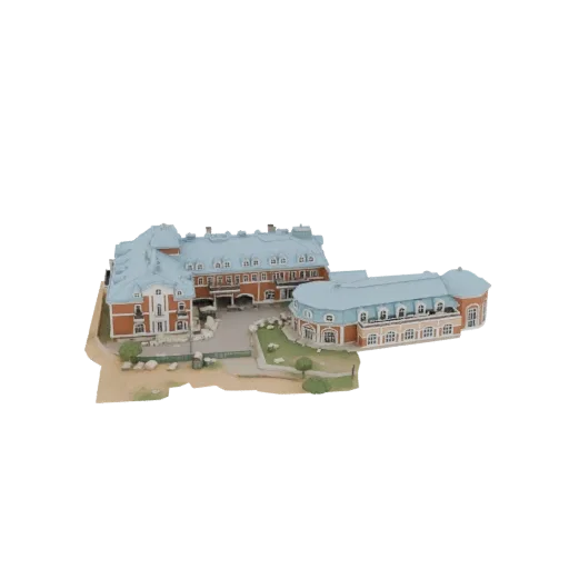 3D модель гранд отеля с фасадом из красного кирпича и синей крышей, с двором и ландшафтом.