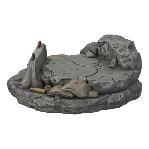 3D модель основания диорамы с поврежденным бетонным блоком, мешками с песком и гильзой на каменистой, заваленной обломками зе
