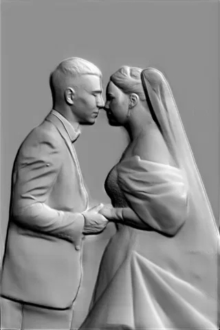 3D модель барельефа молодоженов, жених и невеста смотрят друг на друга, руки сплетены