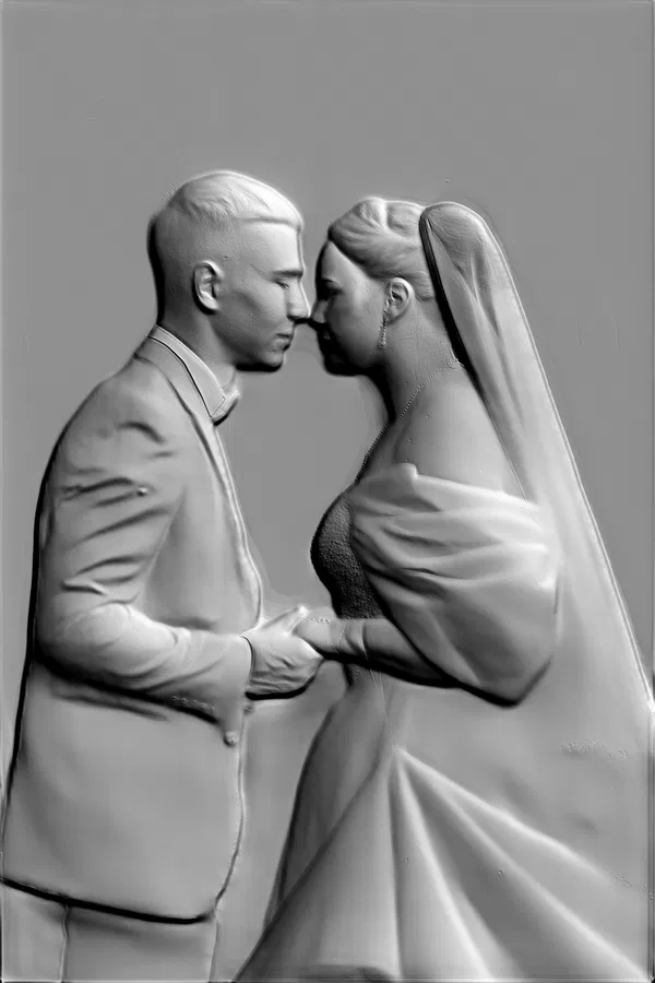 3D модель барельефа молодоженов, жених и невеста смотрят друг на друга, руки сплетены