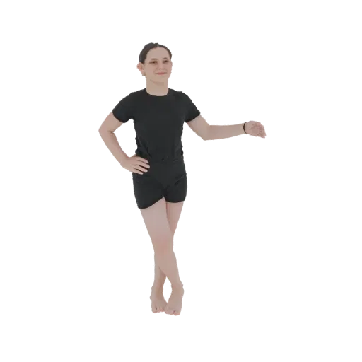 3D модель юной танцовщицы в черном трико и шортах, в позе с вытянутой рукой и другой на бедре, на белом фоне.
