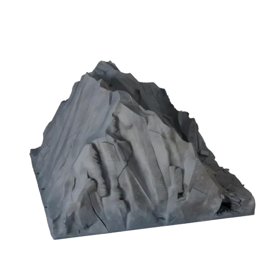 Реалистичная 3D модель горного осыпного склона, рендер окружения в трехчетвертном ракурсе, показывающий слоистый камень, скал