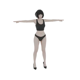 3D модель аниме девушки в T-позе, одетой в черный кроп-топ, черное нижнее белье и черные туфли на высоком каблуке, с коротким