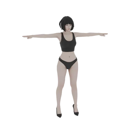 3D модель аниме девушки в T-позе, одетой в черный кроп-топ, черное нижнее белье и черные туфли на высоком каблуке, с коротким