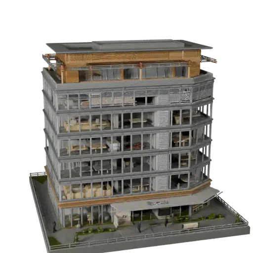 Печатная STL 3D модель офисного здания коворкинга, изометрический вид, показывающий материалы коммерческого офисного здания и