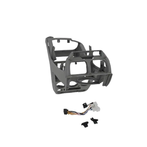 3D модель серой рамки центральной консоли автомобиля с отдельным жгутом проводов и двумя небольшими черными зажимами под ними