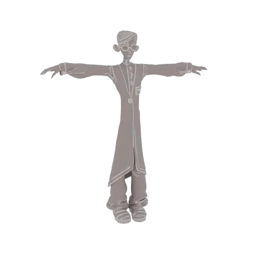 3D модель стилизованного ученого в T-pose, в очках и лабораторном халате, на белом фоне.