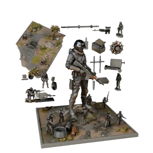 Реалистичная 3D-модель Urban Battle Vignette, показывающая слоистые части, вид сцены в три четверти