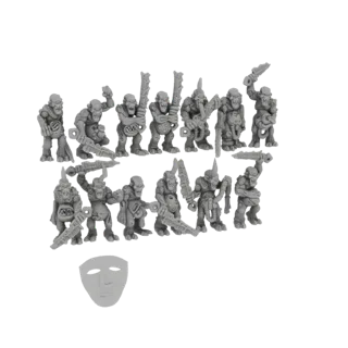 Коллекция из 12 напечатанных на 3D-принтере серых миниатюр орков, расположенных в динамичной композиции, с отдельной серой ма