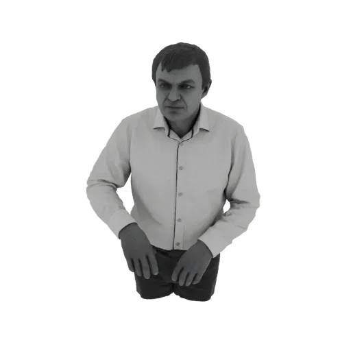 3D модель мужчины в светлой рубашке на пуговицах и темных брюках, с руками по бокам.
