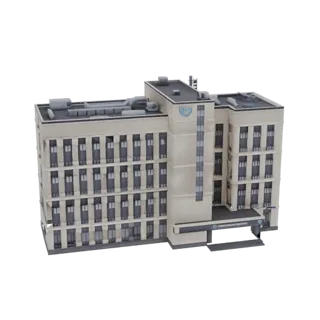 3D модель современного многоэтажного офисного здания со светлым фасадом и темными окнами на черном фоне.