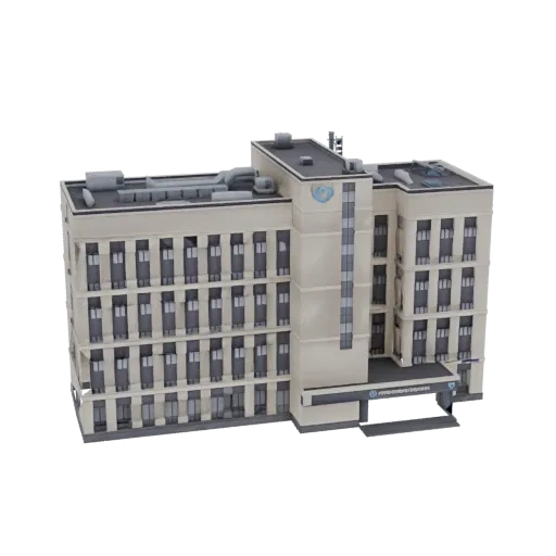 3D модель современного многоэтажного офисного здания со светлым фасадом и темными окнами на черном фоне.