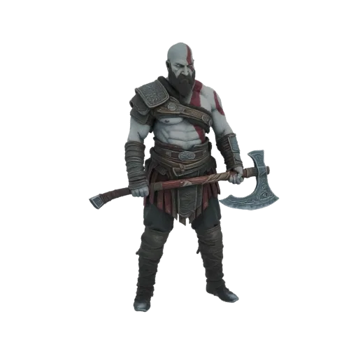 3D модель Кратоса из God of War, мускулистый воин с красной боевой раскраской, держащий Топор Левиафана.