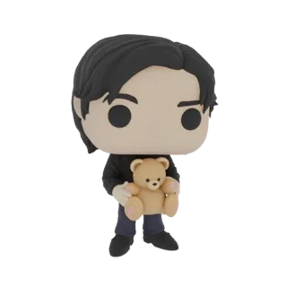 3D-модель аниме-мальчика в стиле Funko Pop, с темными волосами, в черной рубашке и синих штанах, держащего светло-коричневого