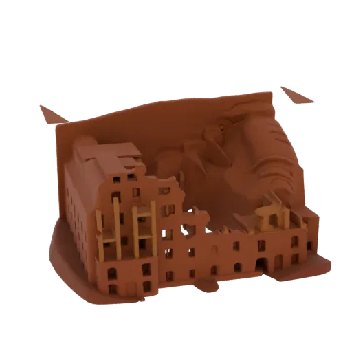3D модель разрушенного средневекового здания с обрушившимися стенами, разбитыми окнами и открытыми деревянными балками, отрис