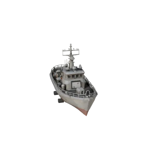 Низкополигональная 3D-модель винтажного патрульного катера, вид из игрового окна в три четверти, низкополигональный актив тра