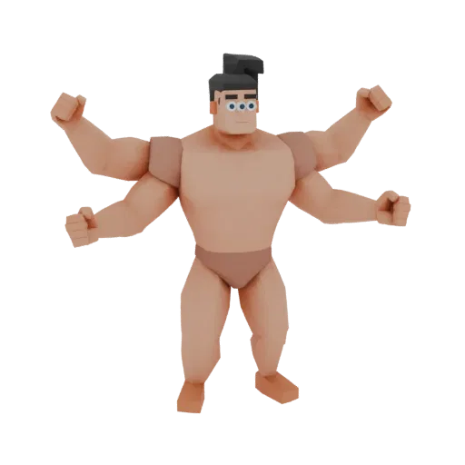 Низкополигональная 3D модель четырехрукого мускулистого мужчины с тремя глазами и хвостиком на голове, стоящего в напряженной