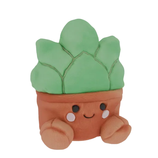 3D модель милой плюшевой игрушки суккулент с улыбающимся лицом и зелеными листьями в терракотовом горшке.