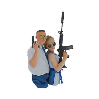 3D модель тактического мужчины с пистолетом и женщины со штурмовой винтовкой, оба в темных очках.