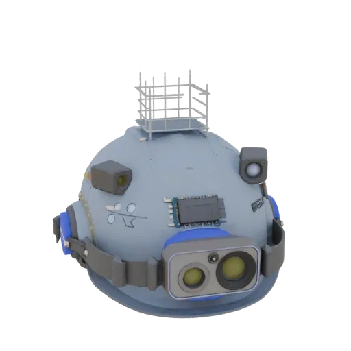 3D модель инспекционного AI-шлема с сенсорами для строительного сканирования, вид спереди