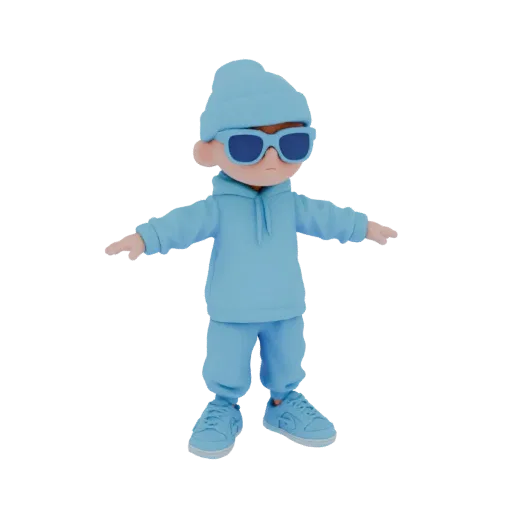 3D модель стилизованного мальчика в синей толстовке, шапке и очках, стоящего с раскинутыми руками.