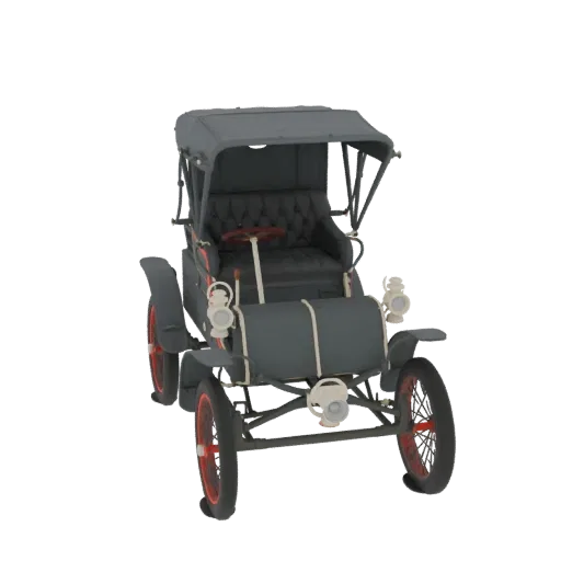 3D модель темно-серого Packard Model C Runabout 1901 года с темно-серым навесом и колесами с красными ободами, вид с трехчетв
