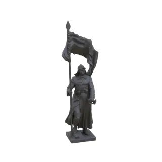 3D модель серой статуи советского солдата в форме, держащего большой, развевающийся флаг.