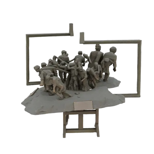 3D модель скульптуры 'Борьба за Будущее', показывающая группу фигур, совместно тянущих канаты и балки.