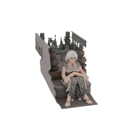 3D модель пожилой женщины с белыми волосами, в очках и узорном платье, сидящей на каменных ступенях с декоративными балюстрад