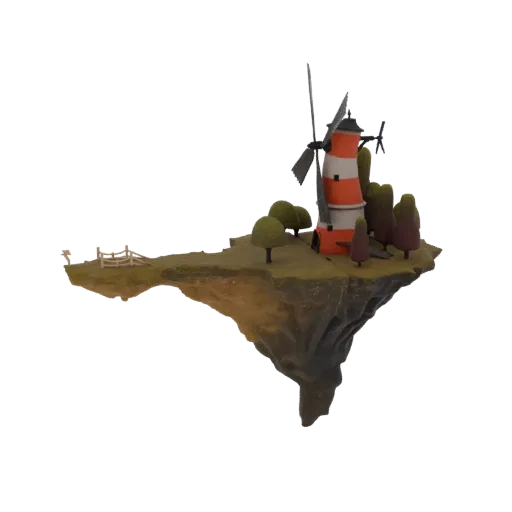 3D модель парящего острова с красно-белой ветряной мельницей и маяком, окруженная стилизованными деревьями и деревянным забор