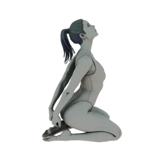 3D модель женщины в изящной позе йоги, с запрокинутой головой и телом в коленно-локтевой позиции.
