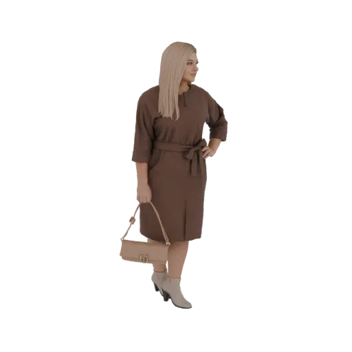 3D модель женщины в коричневом платье и бежевой сумочке, стоящей и смотрящей в сторону.