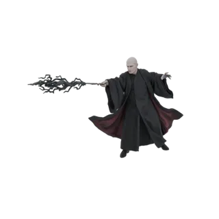 3D model of Lord Voldemort in a black robe, holding a wand that emits dark magic, with a white background.