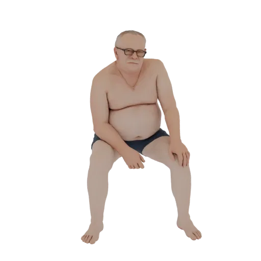3D модель пожилого мужчины в очках, в плавках, сидящего с руками на коленях.