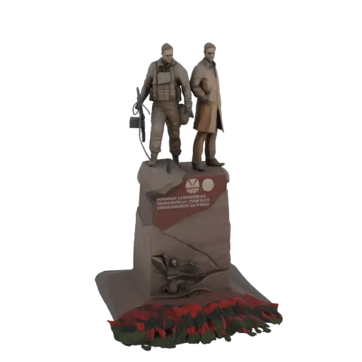 3D модель памятника ликвидаторам Чернобыля, показывающая две фигуры на скалистом основании с красно-зелеными лавоподобными эл