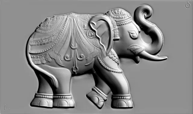 3D модель барельефа слона с детализированным орнаментом, выполненная в сером цвете.