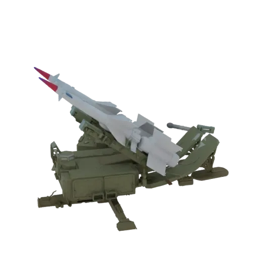 3D модель ЗРК С-300 с поднятой ракетой на пусковой установке на черном фоне.