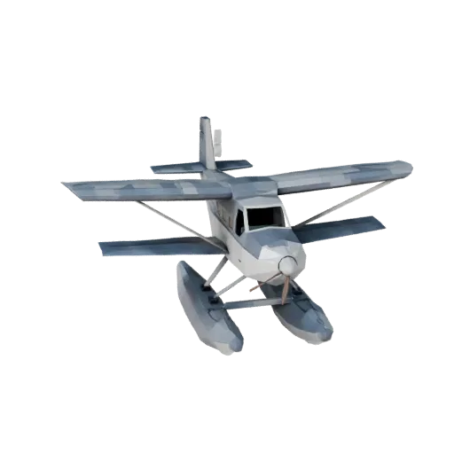 Низкополигональная 3D-модель гидросамолета, вид в игровом окне с трех четвертей, низкополигональный ассет транспортного средс