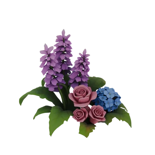 3D модель миниатюрной цветочной композиции с фиолетовыми гиацинтами, розовыми розами и синими гортензиями, окруженная зеленой