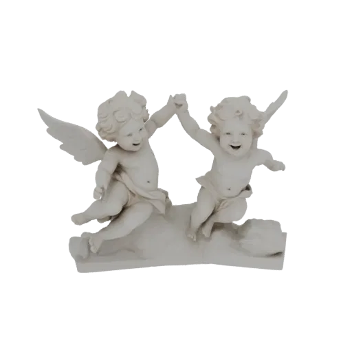 3D модель двух херувимов с крыльями, держащихся за руки и играющих, с текстурой под мрамор.