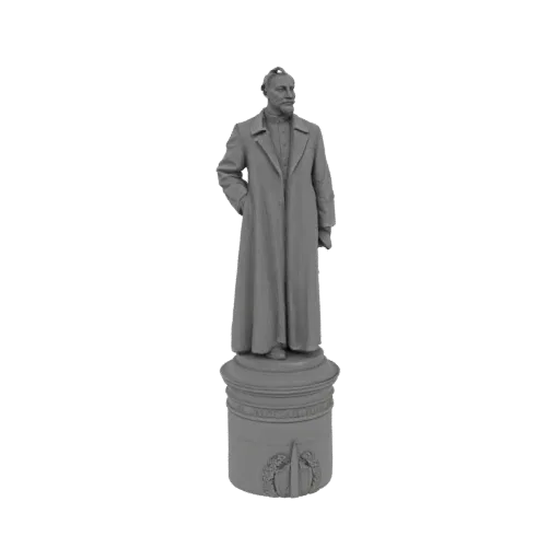 3D модель джентльмена 19 века в длинном пальто, стоящего на декоративном постаменте, на белом фоне.