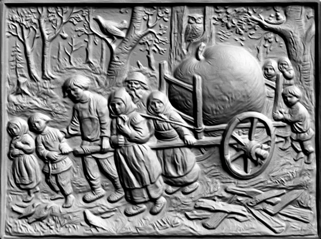 3D модель барельефа, изображающего крестьянскую семью, тянущую телегу с урожаем, с птицей и совой на деревьях.