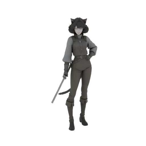 3D модель аниме кошки-воина с черными волосами, кошачьими ушами и катаной, в динамичной позе.