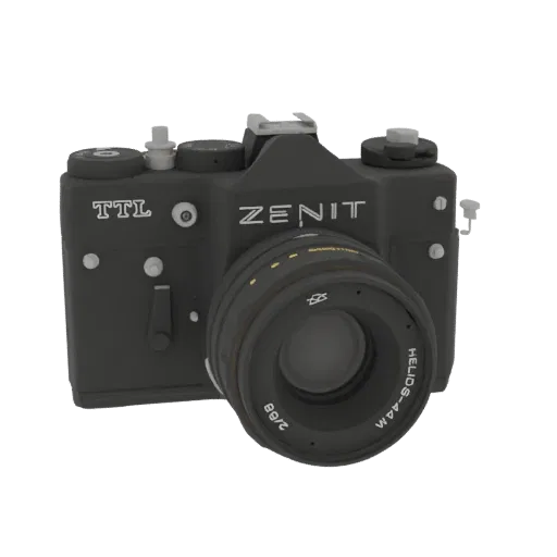 Детализированная 3D модель черного пленочного фотоаппарата Zenit TTL 35mm с объективом Helios-44M на черном фоне.