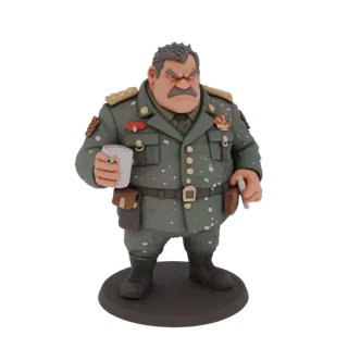 3D-модель полковника в военной форме, держащего гранёный стакан и сигарету, на круглой подставке, вид спереди три четверти