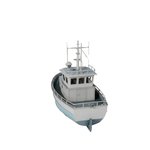 3D-модель рыболовной лодки, вид из игрового окна в три четверти, готовый для Unity актив транспортного средства с формой корп